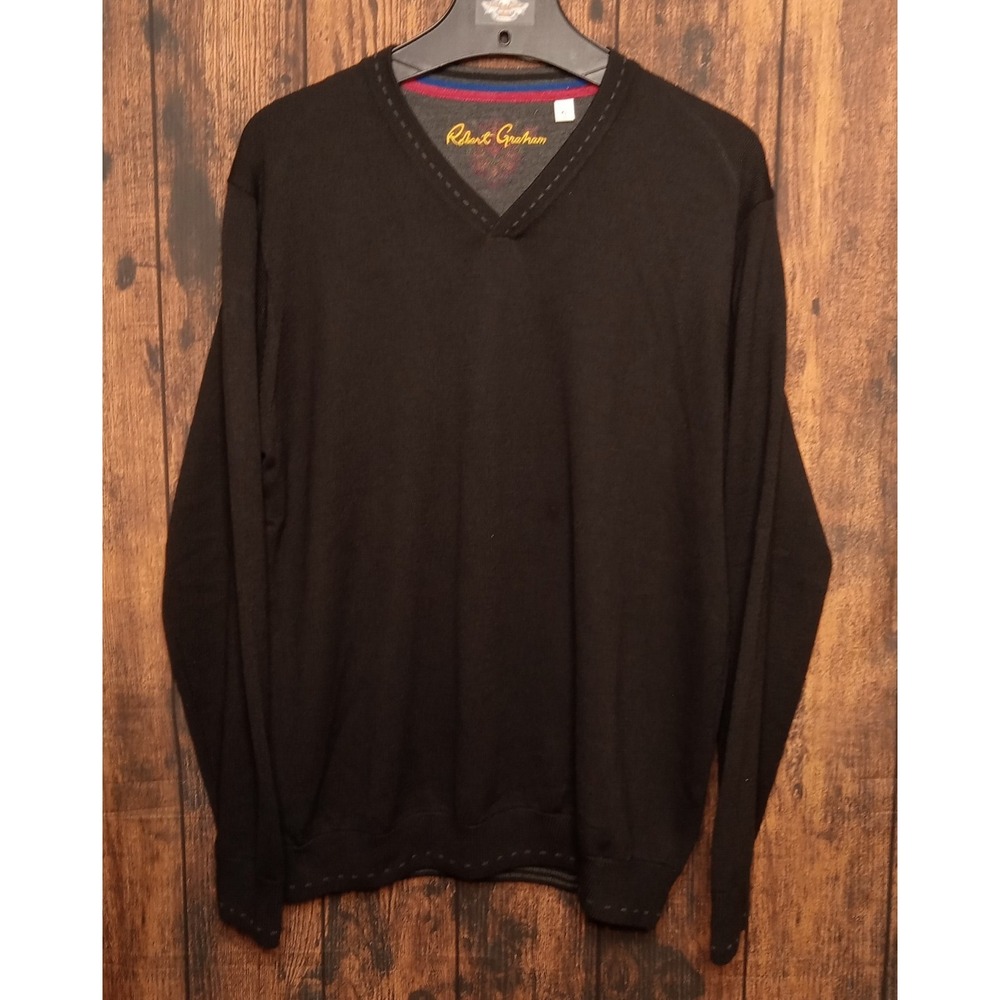 Robert Graham 100% Wool V-Neck‎ Sweater Long Sleeve Men's XL Black